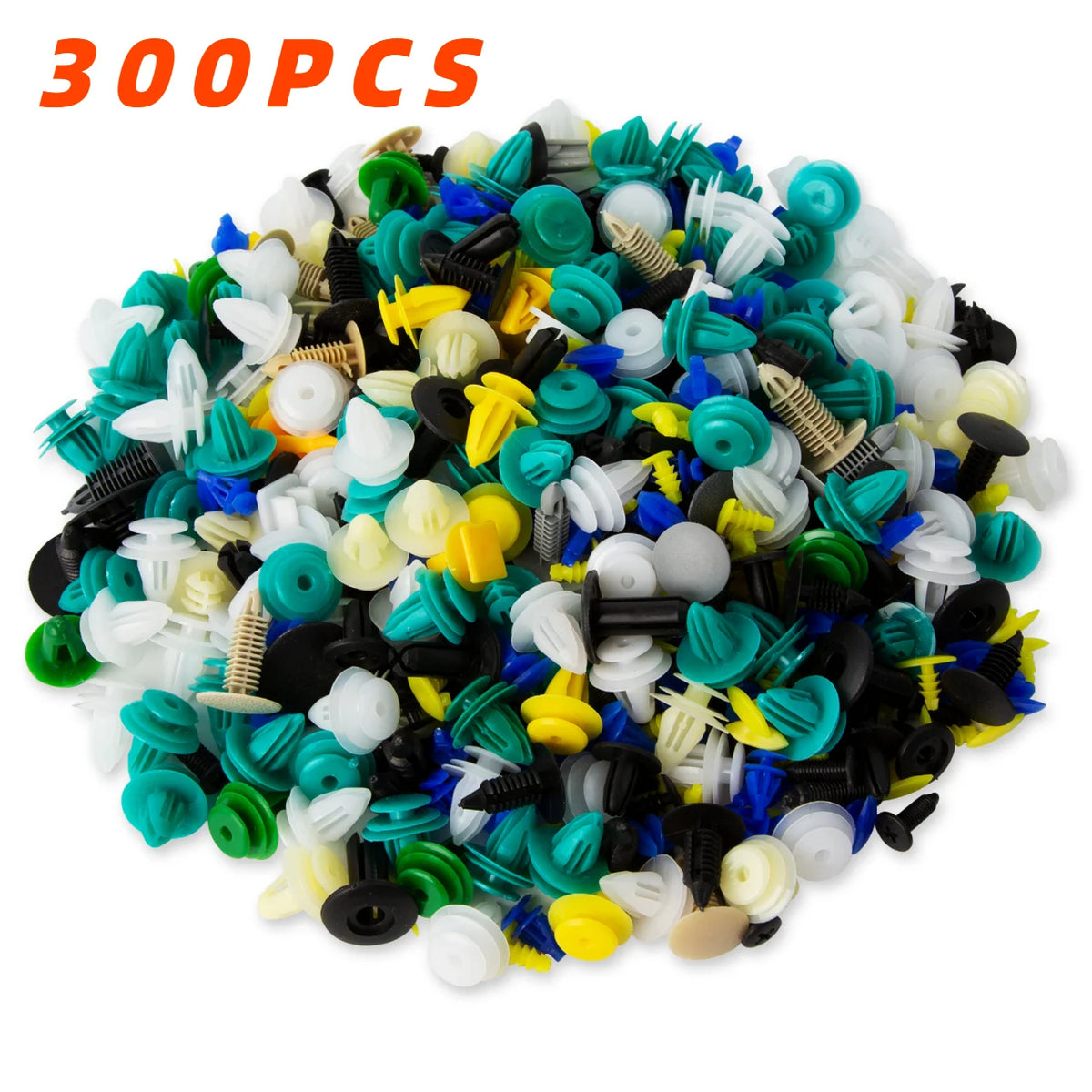 A pile of 300 pieces of various colored universal vehicle fastener clips and rivets.
