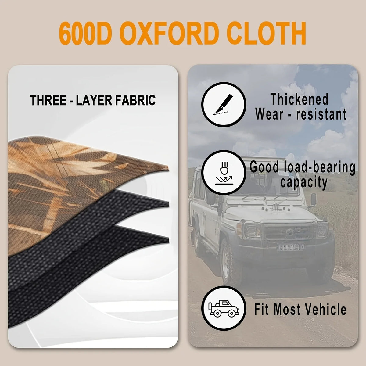 Close-up of a 600D Oxford cloth fabric showing three layers and a rifle sling organizer.
