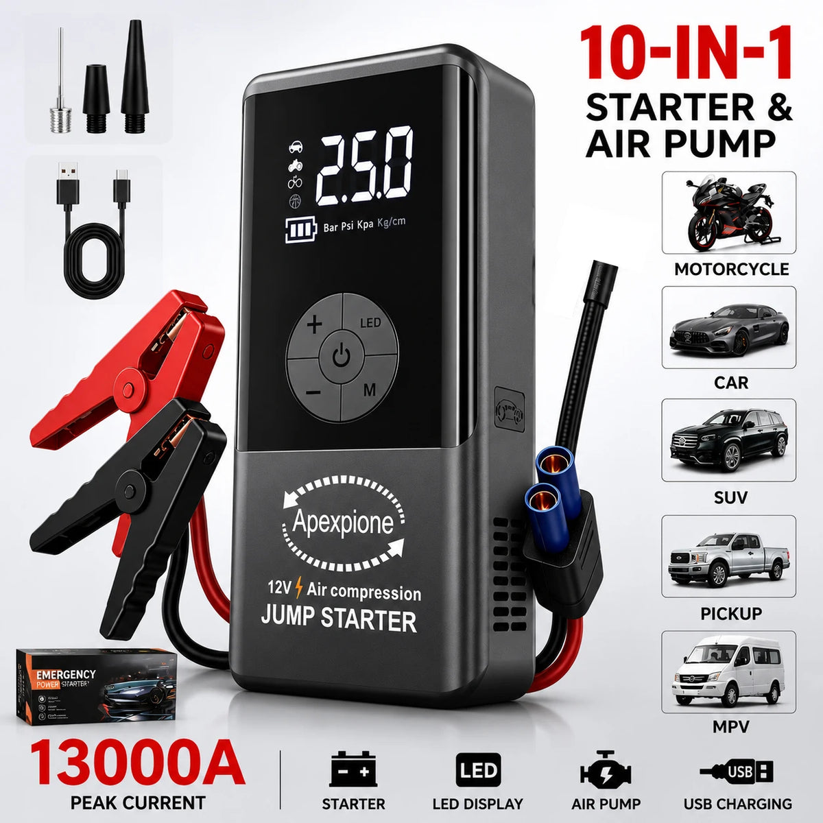 A black 10-in-1 starter and air pump device with LED display and USB charging cables shown next to various vehicles.