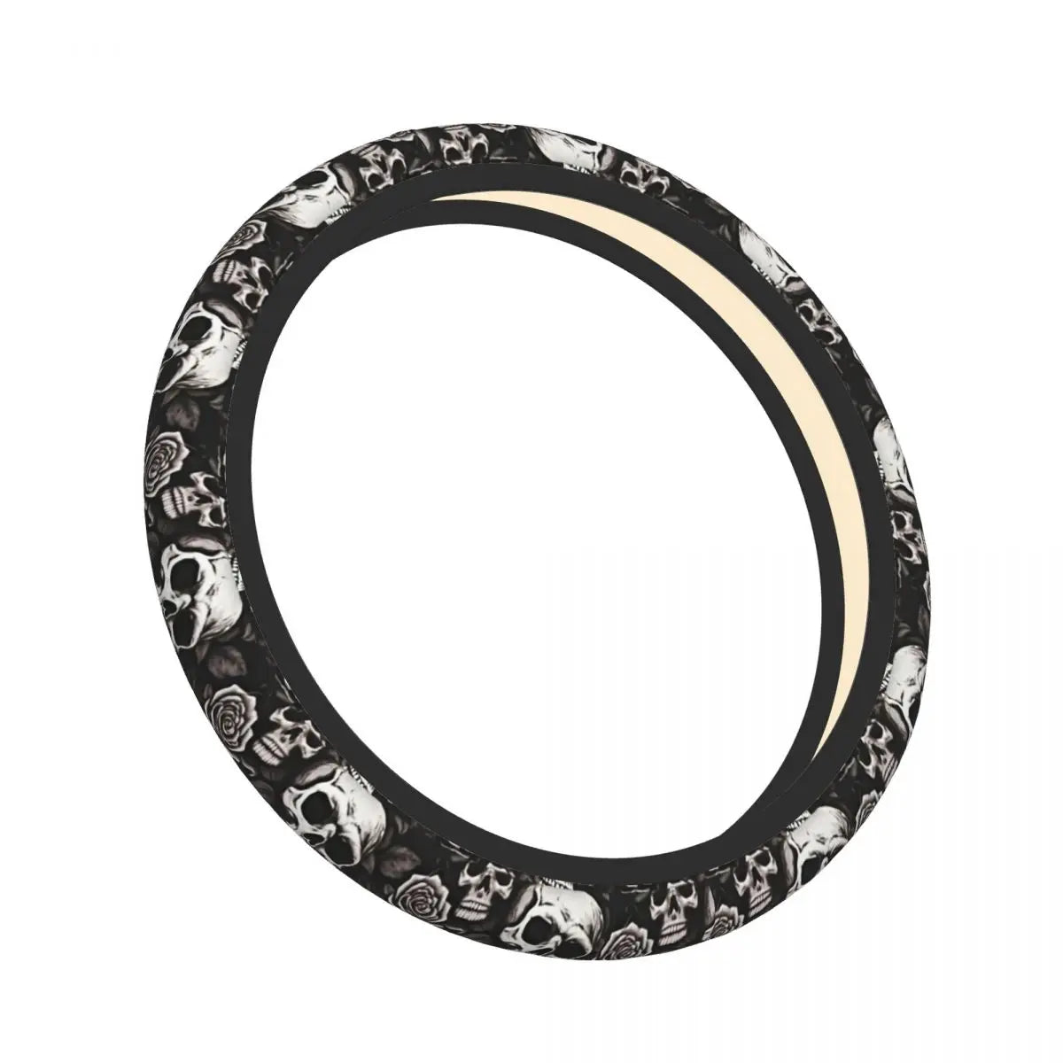 Housse de volant noire avec motif crâne et bordure beige.