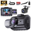 A black 4K dash camera with a lens and mounting bracket, along with accessories like a SD card and a separate camera module.