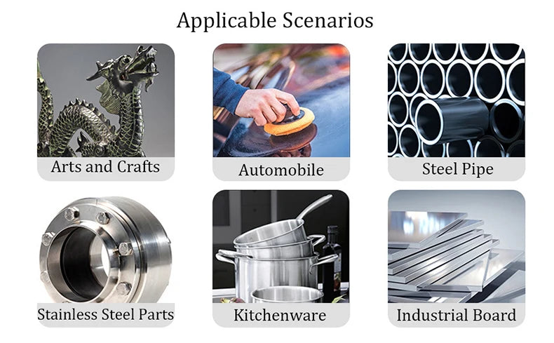 A collection of various metal polishing and finishing tools including a wax bar, steel pipe, stainless steel parts, cookware,