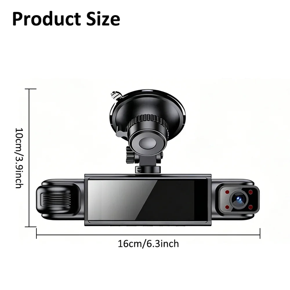 A black car dash cam with a lens and display, shown with dimensions of 10cm/3.9 inches in height and 16cm/6.3 inches in lengt