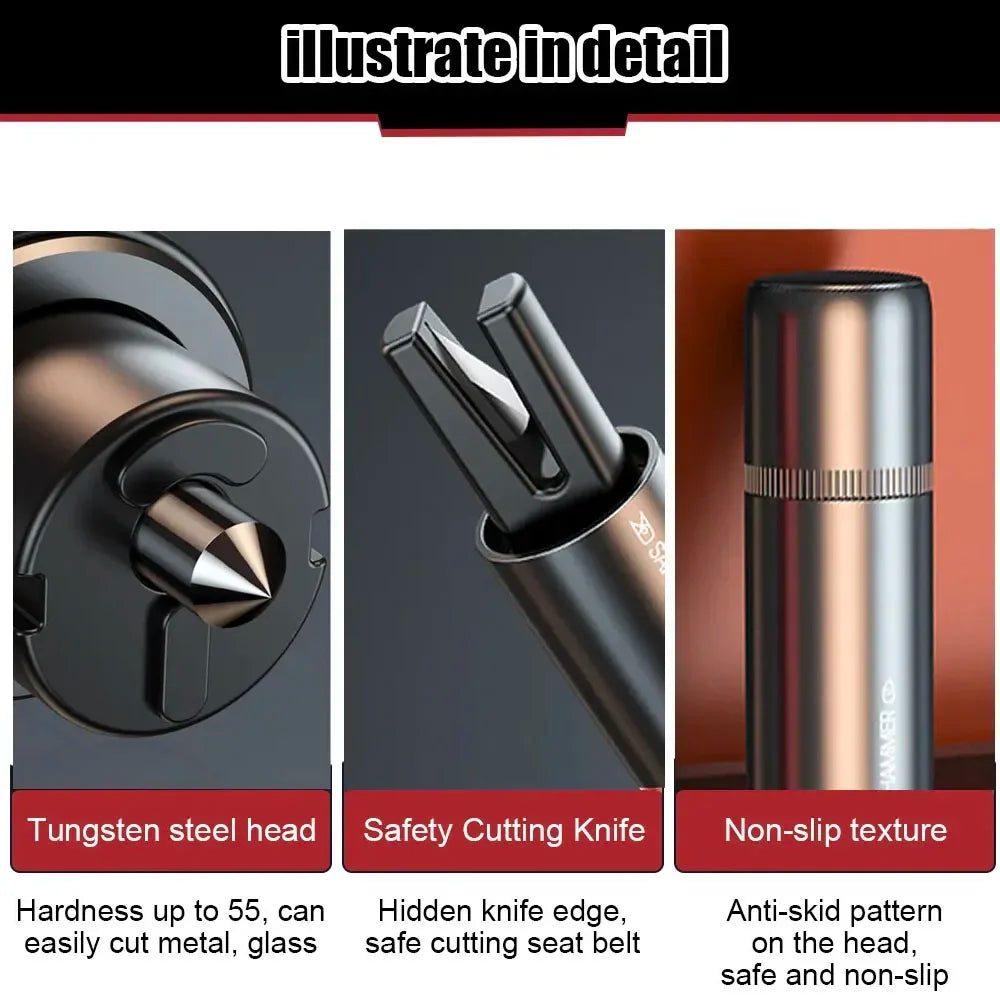 Illustration showing a tungsten steel head, safety cutting knife, and non-slip texture for a car safety emergency glass windo