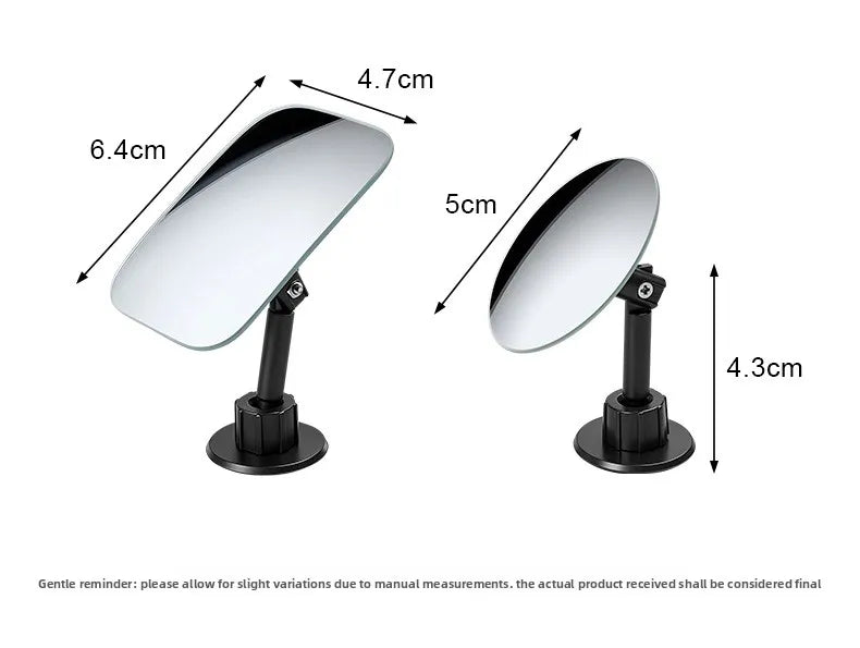 A black 360° adjustable car reverse mirror with a reflective surface shown at different angles.
