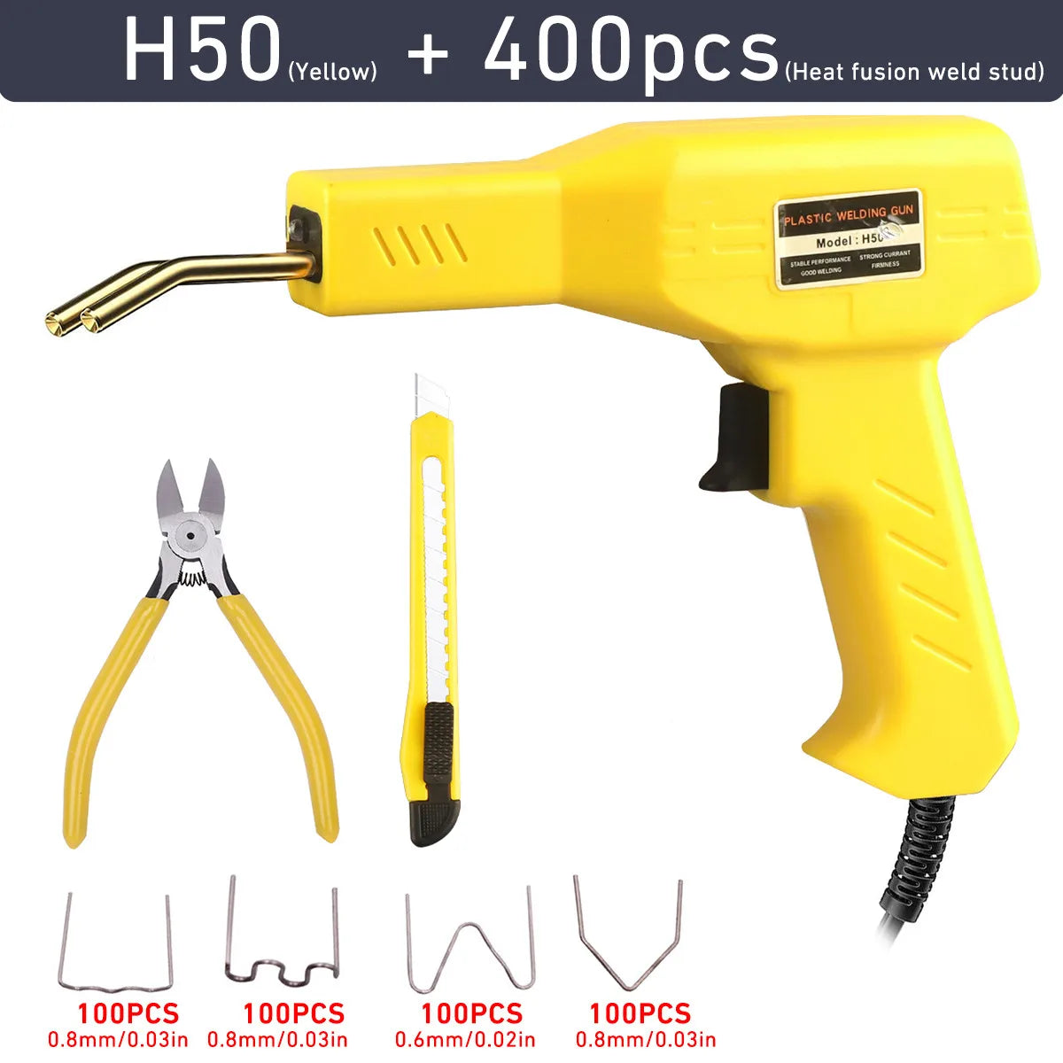 Yellow H50 plastic welding gun with 400 pieces of heat fusion weld studs and various tools