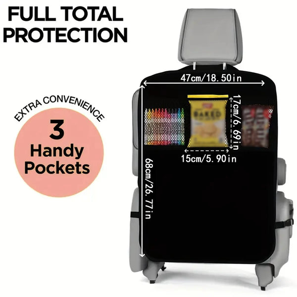A black car rear seat cover with storage pockets and a gray headrest, showing dimensions.