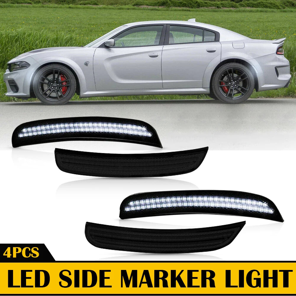 Four black LED side marker lights for a Dodge Charger vehicle.