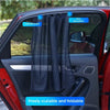 A black magnetic car window sunshade is shown installed in a red car door, with labels indicating it is foldable and free ads