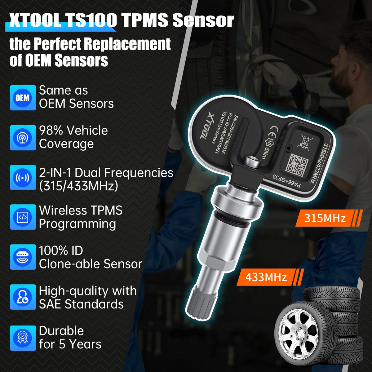 لقطة مقربة لمستشعر XTOOL TS100 TPMS، بديل لمستشعرات الشركة الأصلية، بجوار إطار.