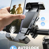 A hand holds a smartphone attached to a black bike phone holder with an auto lock feature for motorcycle safety.
