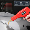 A red plastic welding gun is shown applying heat to a car body panel for DIY repairs.