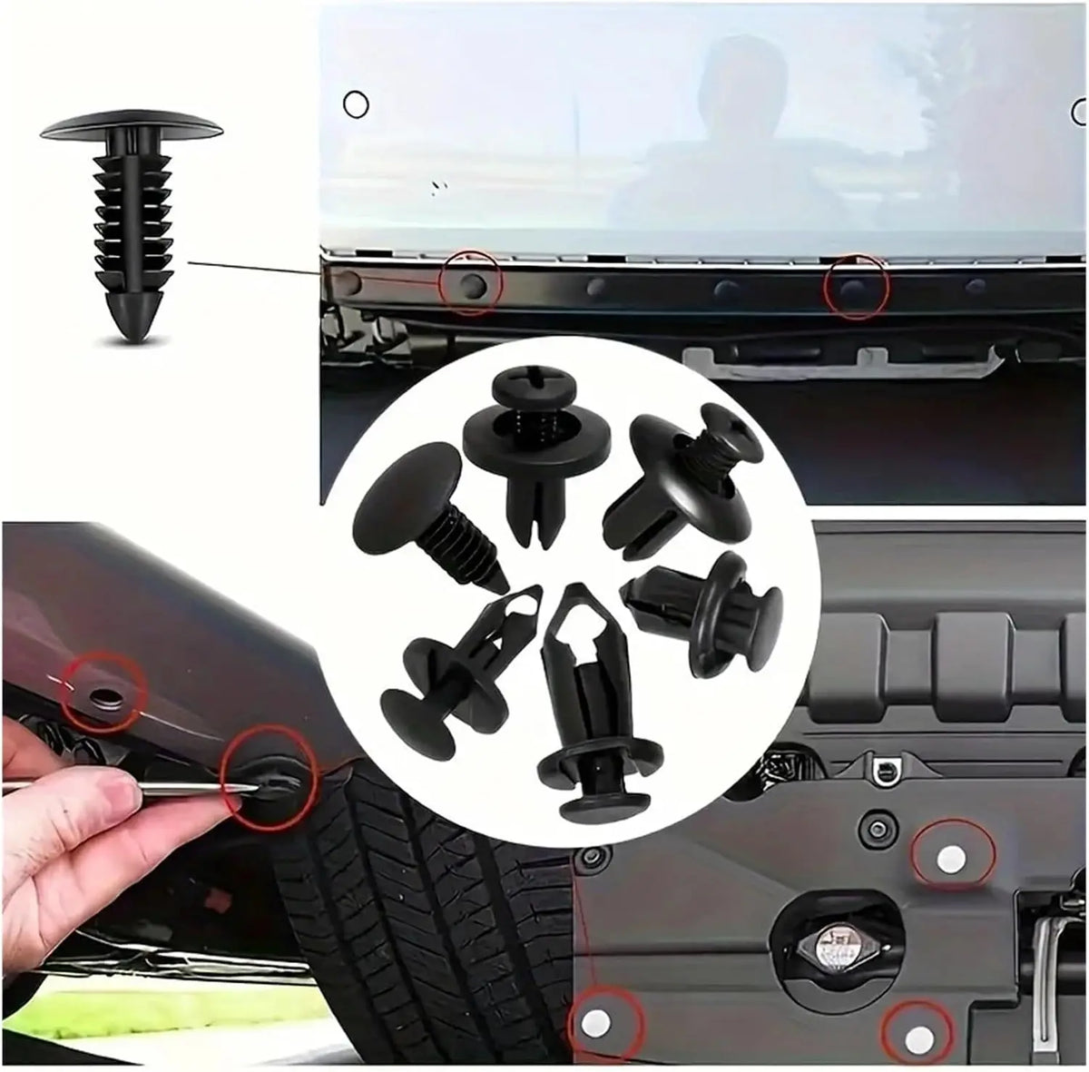 Ein Satz universeller Auto-Schnallen und Befestigungen für verschiedene Fahrzeugmodelle.