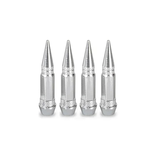 A set of four silver aluminum tire valve stem caps.