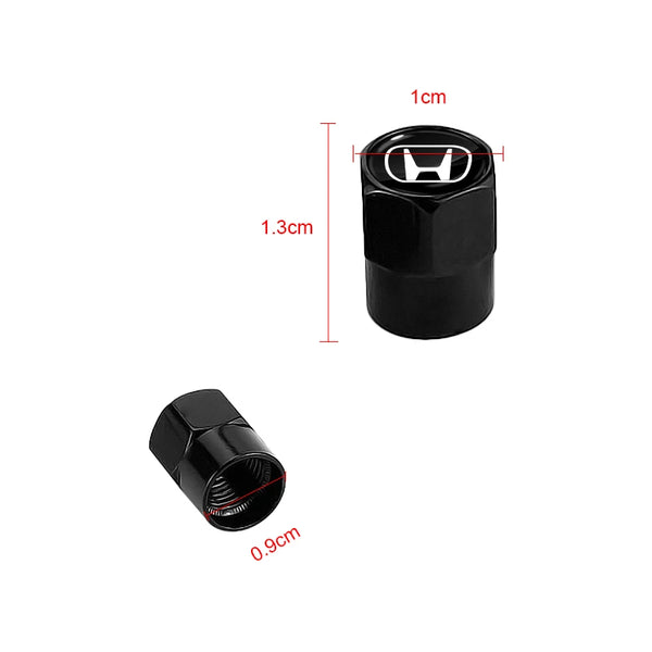 A set of black anodized tire valve caps shown with dimensions, including a 1cm height and 0.9cm diameter.