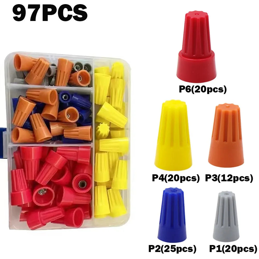 A set of 97 insulated wire connectors and nuts in various colors including red, orange, yellow, blue, and gray.