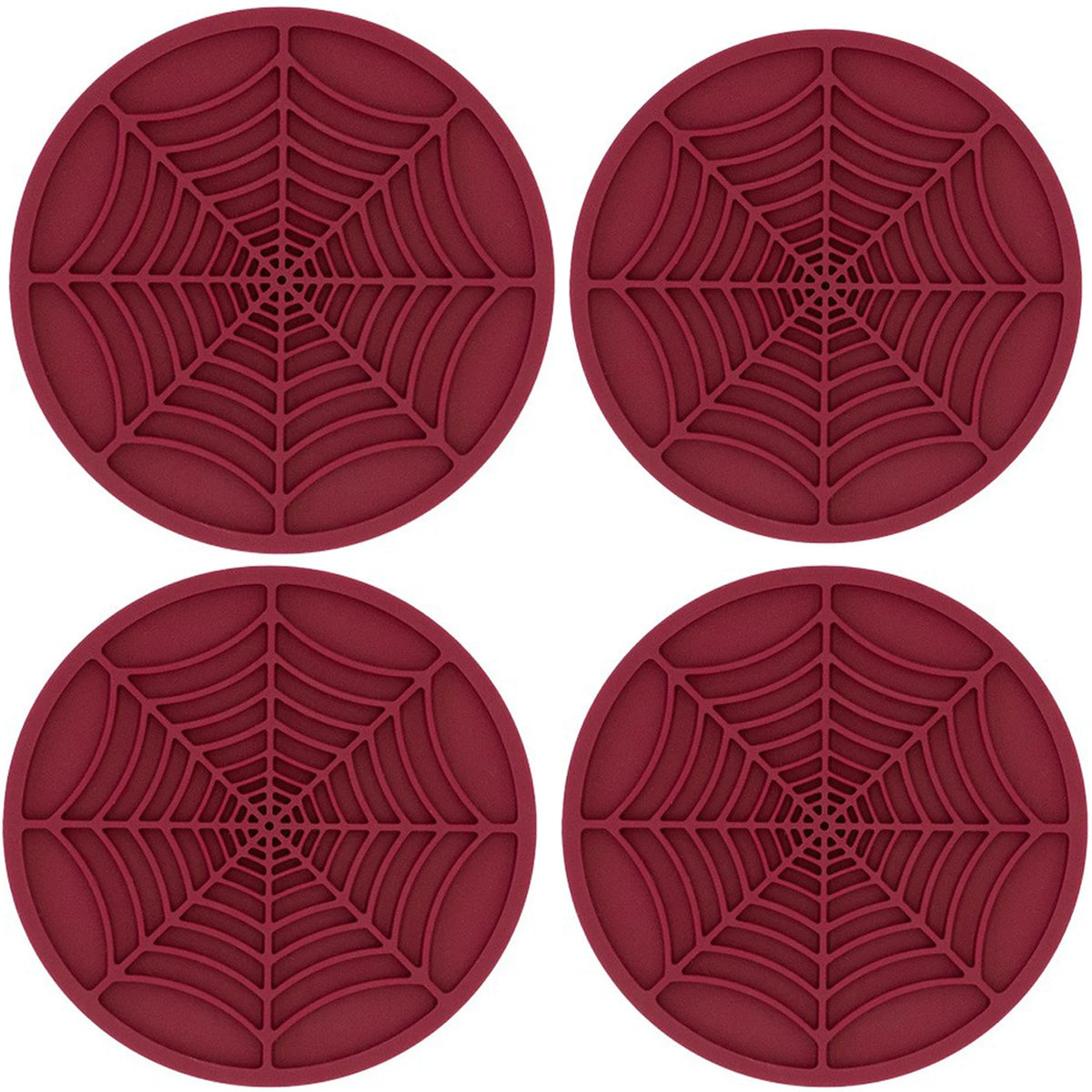 Four circular silicone coasters with intricate spider web patterns in a dusty rose color.