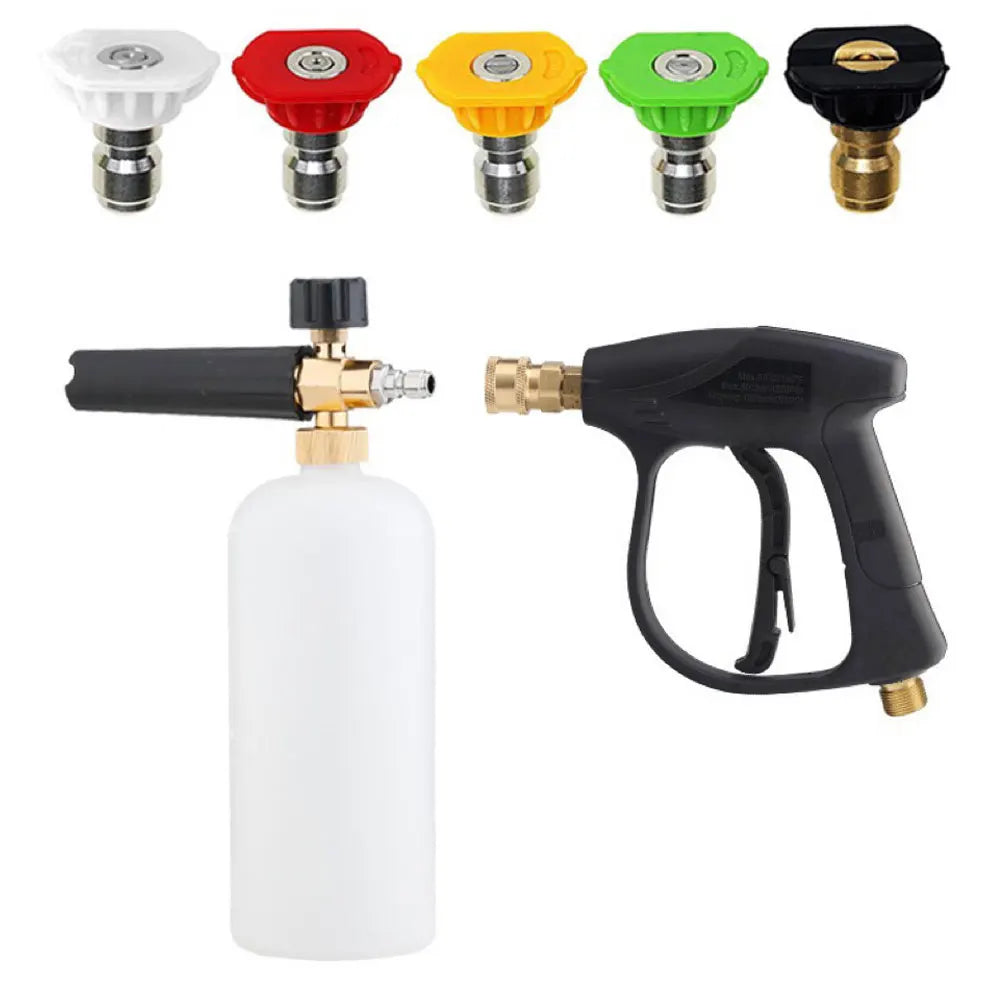 A set of five colored high-pressure manual car washing water guns with different nozzle tips and a white bottle.