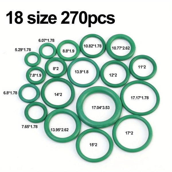 A collection of 18 rubber O-rings and gaskets in various sizes, packaged for automotive use.
