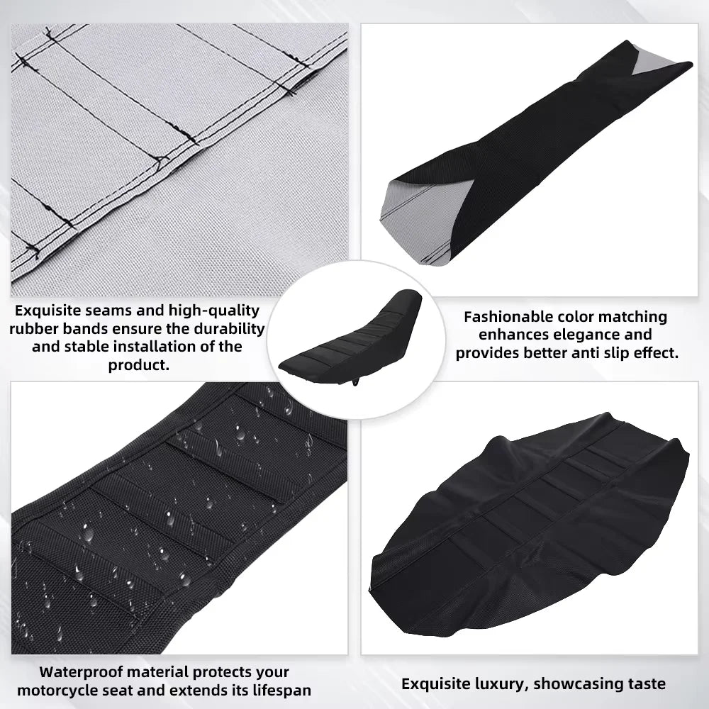Black motorbike seat cover showing seams, waterproof material texture, and folded product.