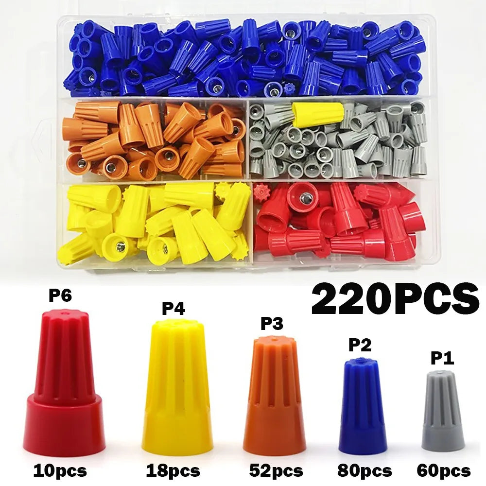 A set of 220 insulated wire connectors and nuts in various colors including blue, orange, yellow, red, and gray.