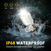 IP68 waterproof LED motorcycle headlight bulb shining brightly amidst water spray