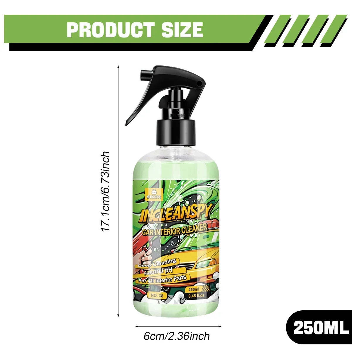 Eine Flasche Incleanspy Auto-Innenreiniger mit schwarzem Pumpverschluss und grüner Flüssigkeit.