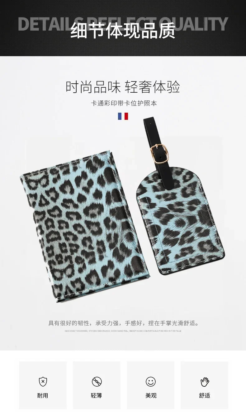 A black and teal leopard print passport holder featuring card slots.