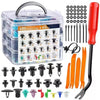 A clear plastic container holding various metal fastener clips and tools for automotive use.