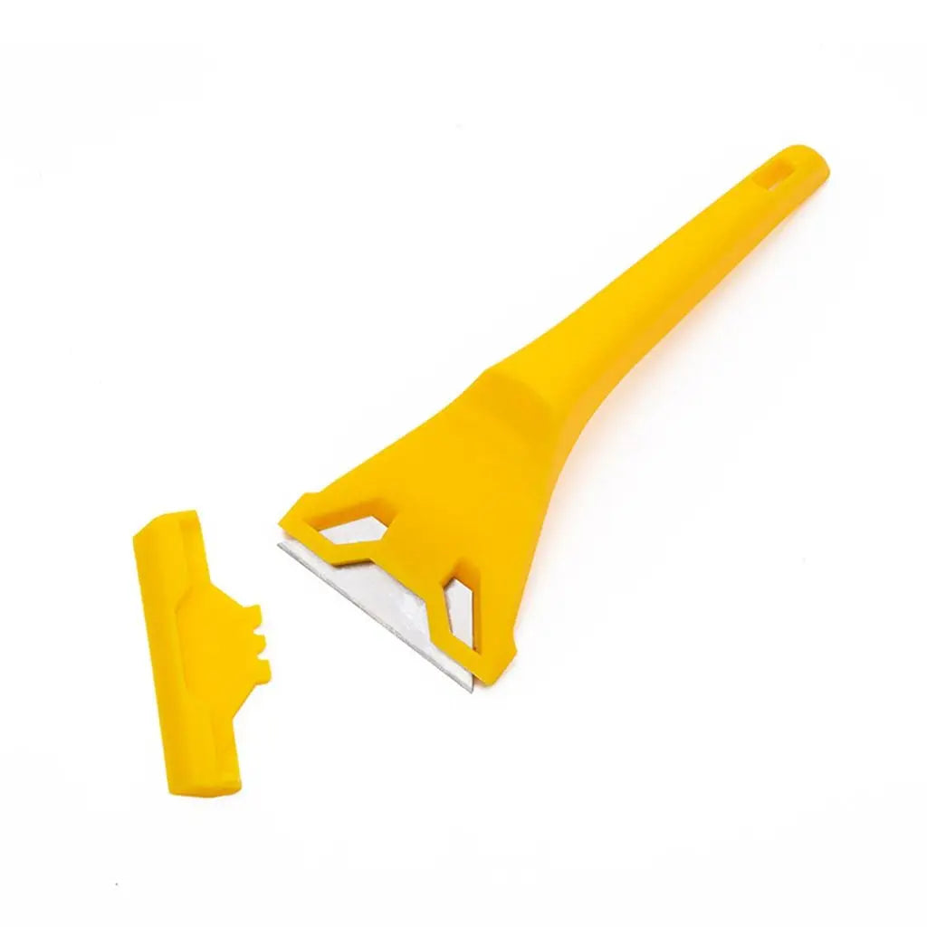 A yellow versatile razor scraper tool used for cleaning glass, tile, and various surfaces.