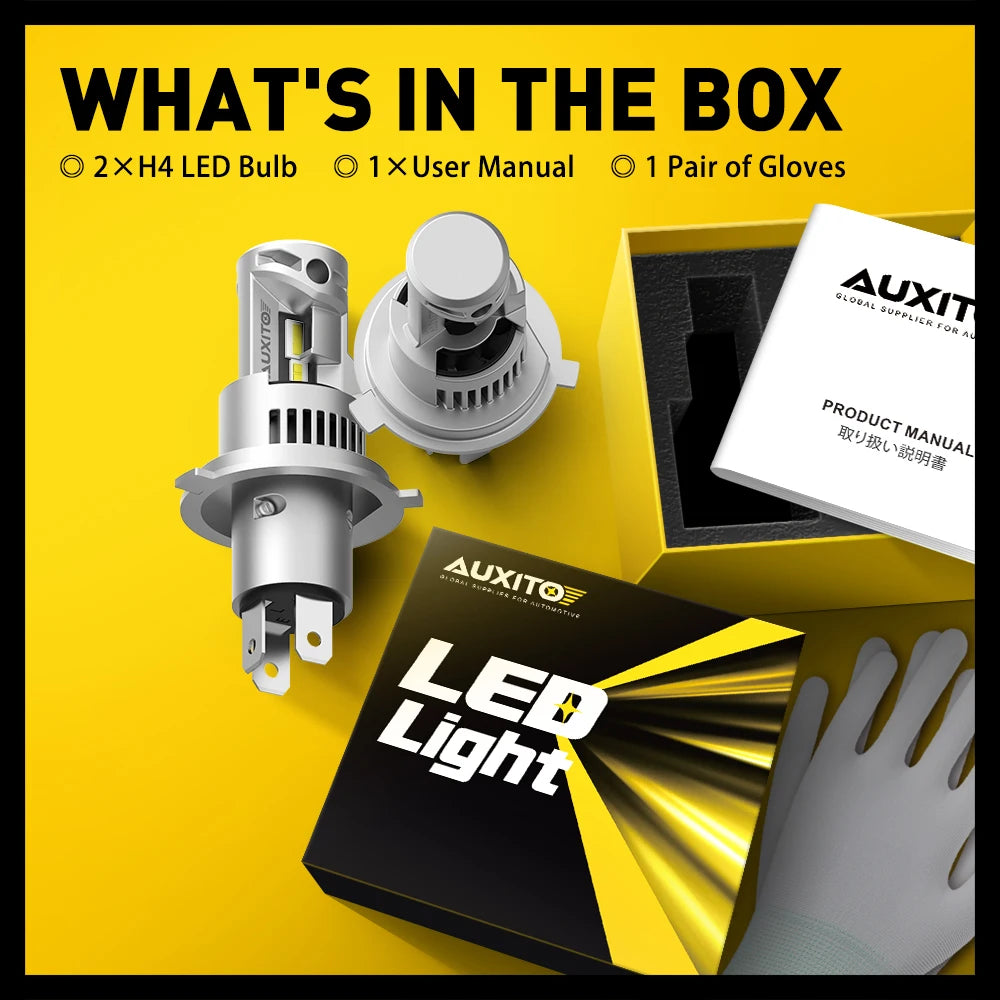 Boîte montrant une ampoule de phare automobile LED H4 turbo ultra-brillante, manuel d'utilisation et une paire de gants.