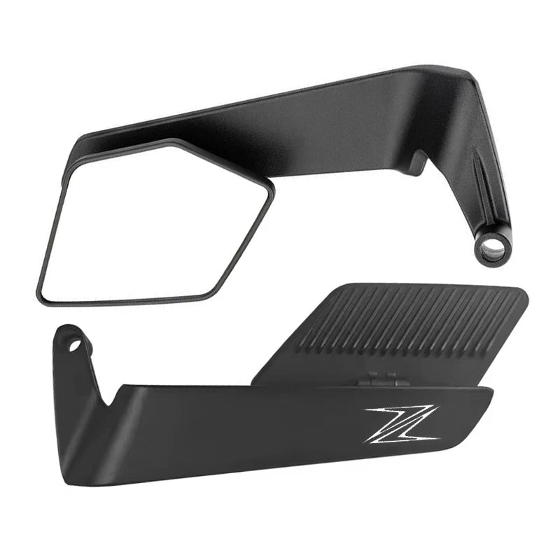 A pair of black adjustable motorcycle side mirrors shown in a product display.