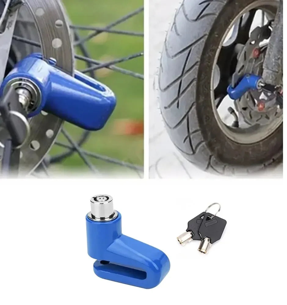 A blue heavy duty motorcycle wheel disc brake lock device shown in various views.