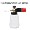 A white high pressure PA foam cannon with a black and red nozzle and a clear bottle.