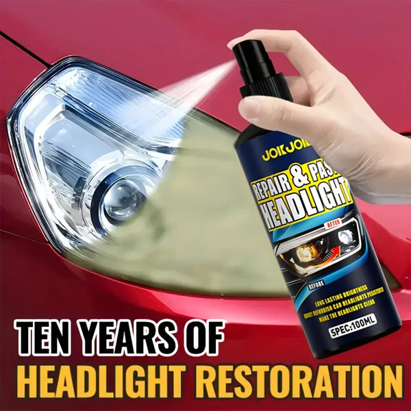 A hand is spraying a car headlight restoration product onto a vehicle's headlight lens.