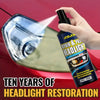 A hand is spraying a car headlight restoration product onto a vehicle's headlight lens.