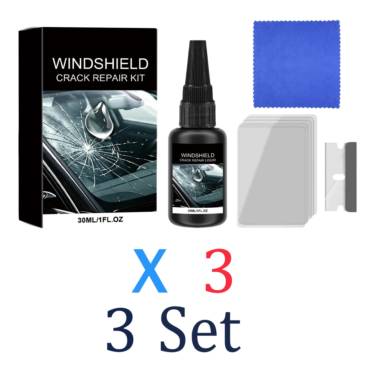 A set of three windshield crack repair kits, including liquid, applicator, and cleaning wipes.