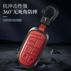 A red leather key fob cover with a metal clasp is shown against a dark background.