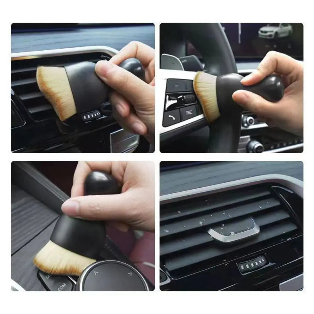 Close-up shots of a curved silicone car interior cleaning brush being used on various car surfaces.
