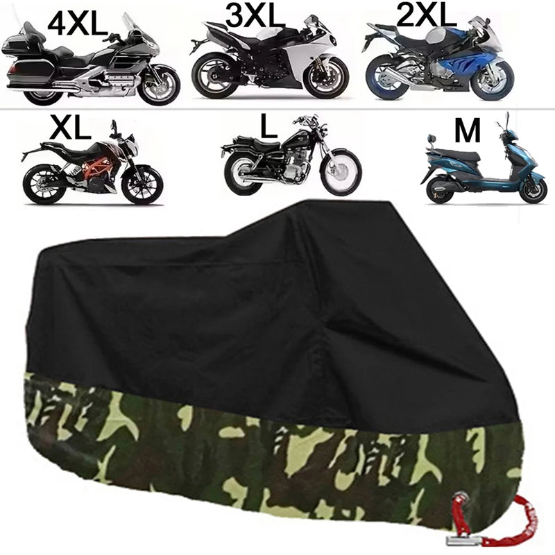 A collection of motorcycle covers in various sizes (4XL to M) shown alongside a black and camouflage fabric cover.