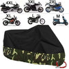 A collection of motorcycle covers in various sizes (4XL to M) shown alongside a large black and green camouflage cover.
