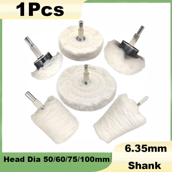 A set of precision cotton polishing buffing wheels with various shank diameters and a sanding head.