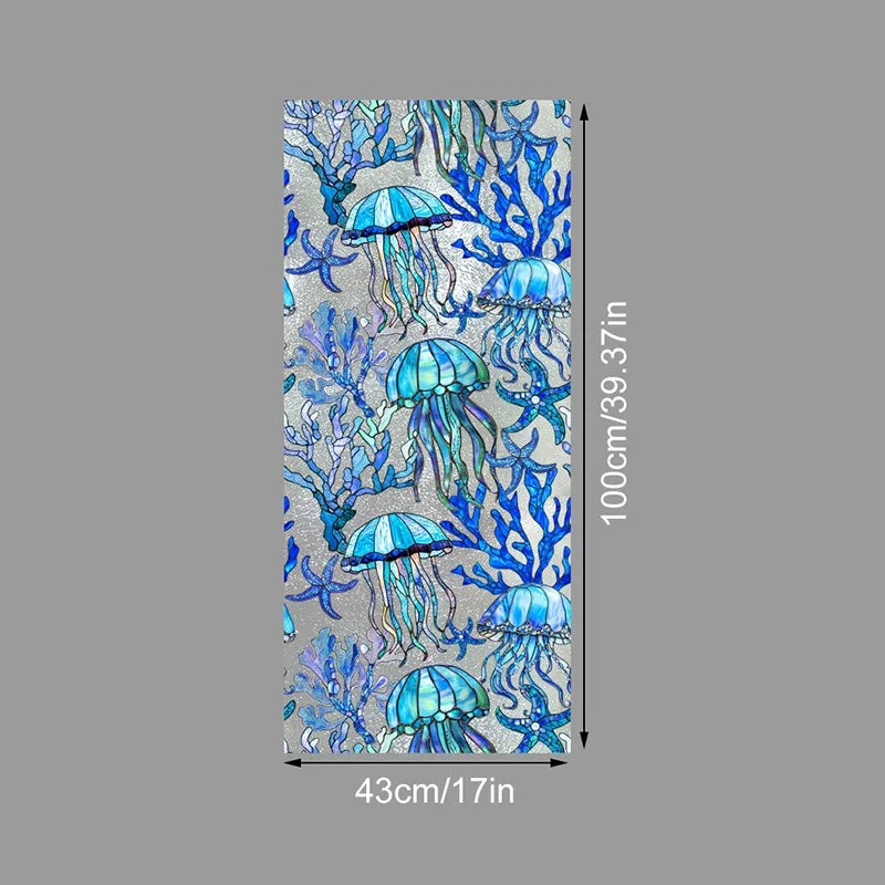 Decorative PVC stained glass window film featuring blue and teal jellyfish motifs on a gray background