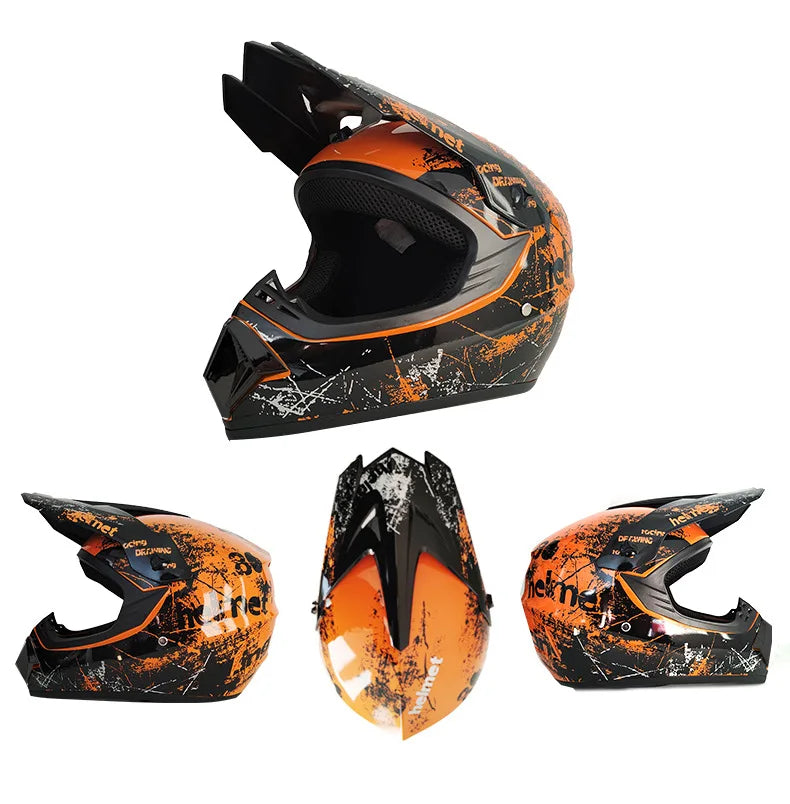 Orange and black kids motorcycle off-road safety helmet shown from the side and top views.