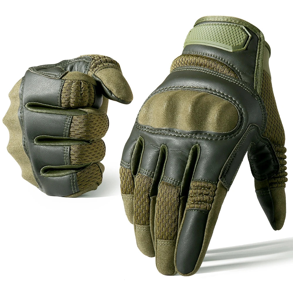A pair of olive green tactical hard-shell gloves with textured grip and padded knuckles.