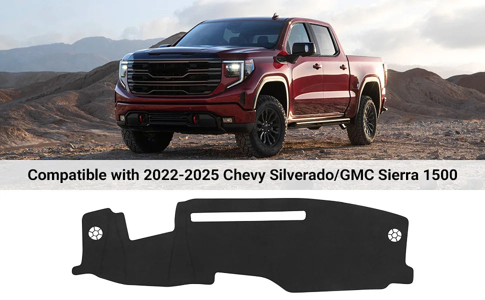 Black universal dash cover for 2022-2025 Chevy Silverado and GMC Sierra trucks