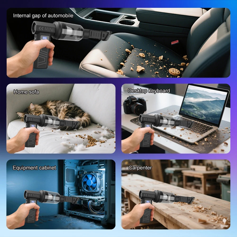 Various applications of a high-rpm brushless air blower with LED light including automotive gaps, sofa cleaning, desktop keyb