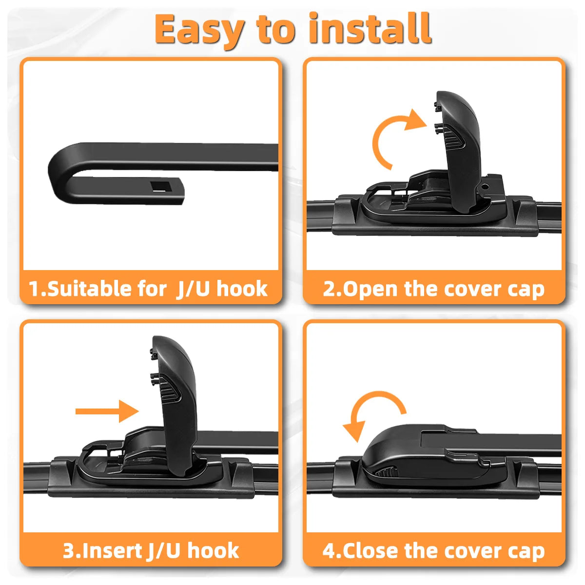 Instrucciones para instalar un juego universal de escobillas limpiaparabrisas de coche, mostrando pasos para insertar y cerra