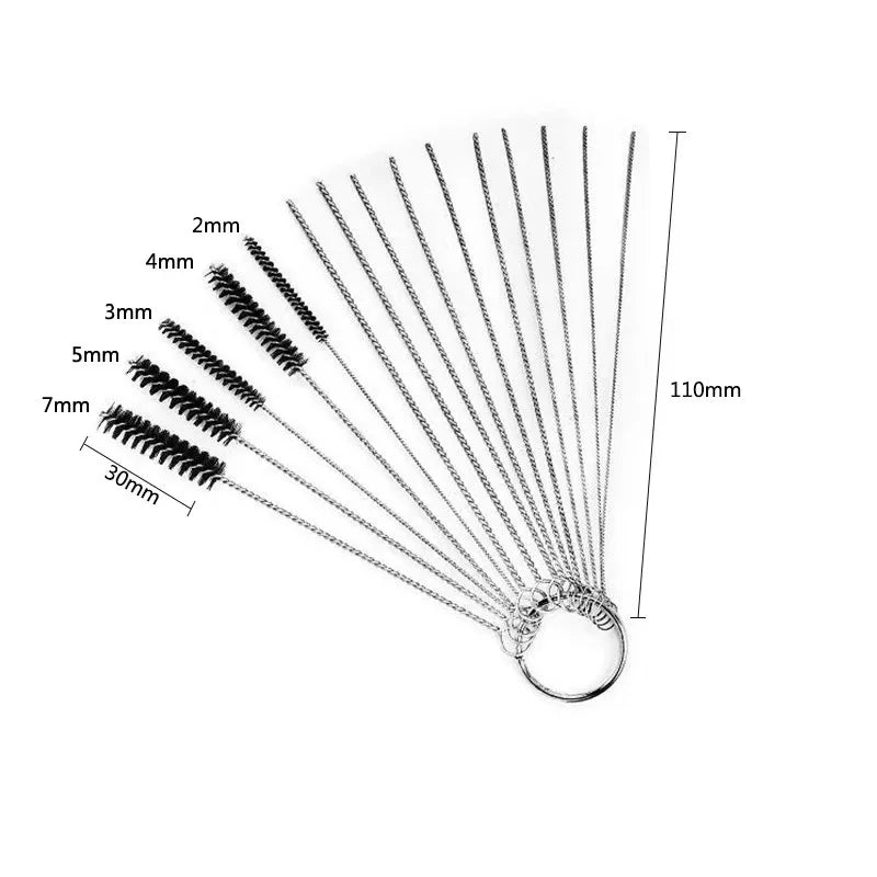 A set of precision needles for carburetor cleaning and maintenance tools, showing various sizes from 2mm to 110mm.