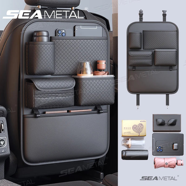 Bolsa organizadora de respaldo para asiento de coche de lujo negra, llena de accesorios como botellas y artículos pequeños.